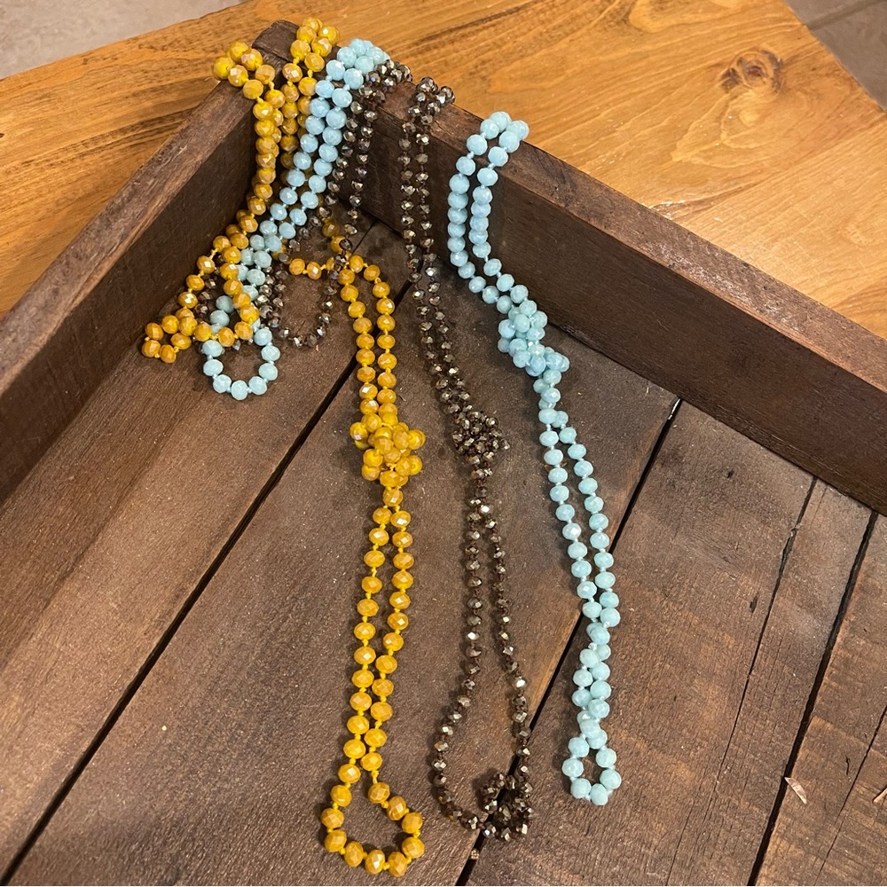 Yellow, Blue, and Bronze Beaded Necklaces